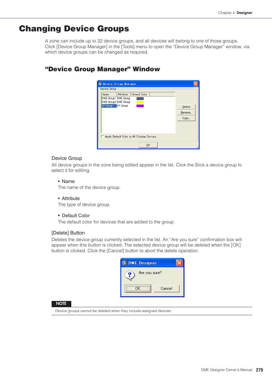 Changing device groups, Oup manager" on, Device group manager” window | Yamaha DME User Manual | Page 279 / 501