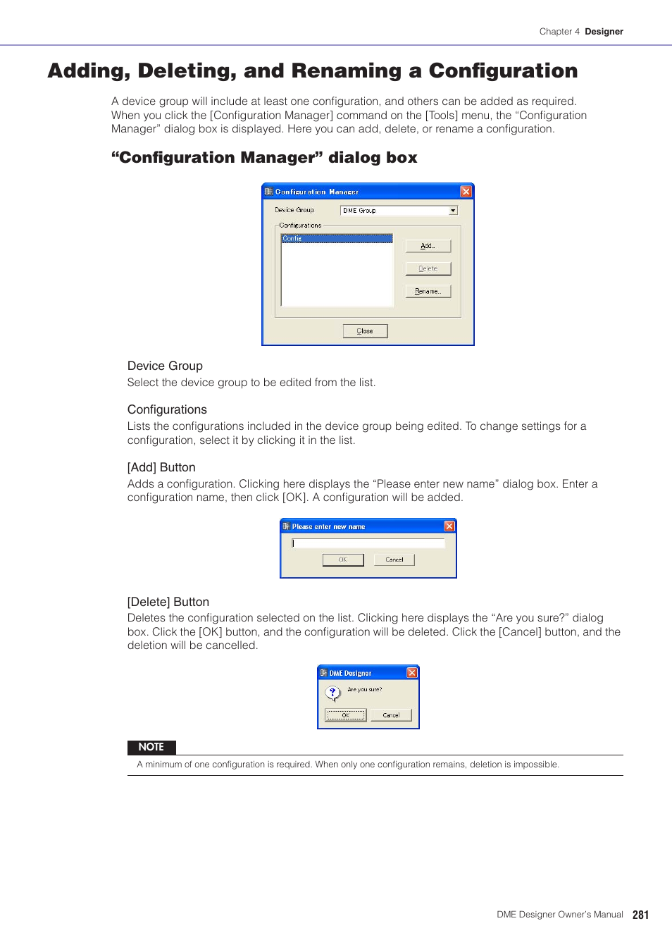 Adding, deleting, and renaming a configuration, See "configuration manager" on, Configuration manager” dialog box | Yamaha DME User Manual | Page 281 / 501