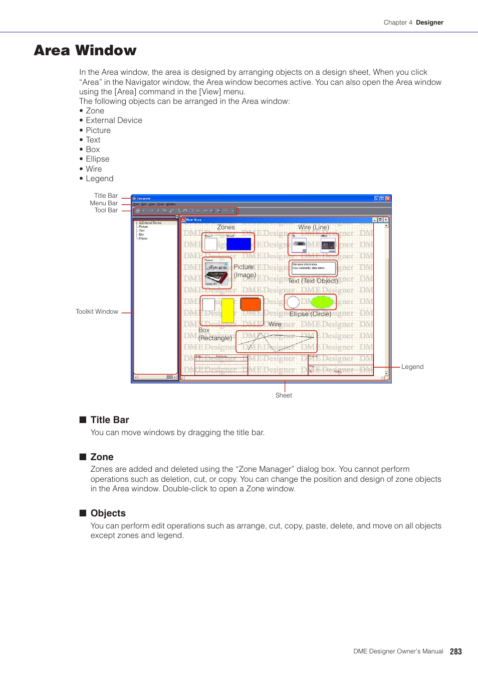 Area window, Ea window” on, Title bar | Zone, Objects | Yamaha DME User Manual | Page 283 / 501