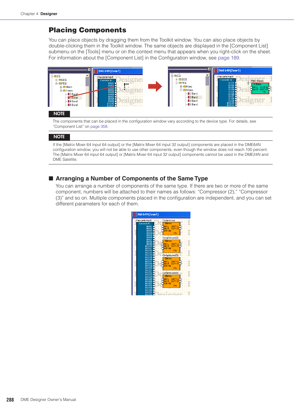 Placing components, Arranging a number of components of the same type | Yamaha DME User Manual | Page 288 / 501