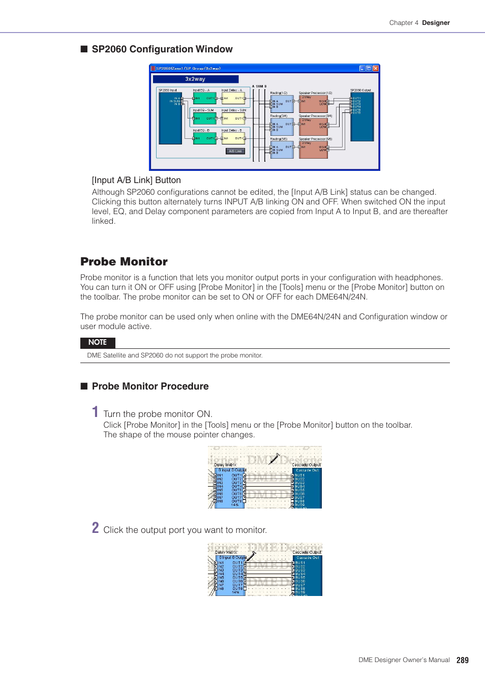 Obe monitor” in “configuration window, Probe monitor | Yamaha DME User Manual | Page 289 / 501