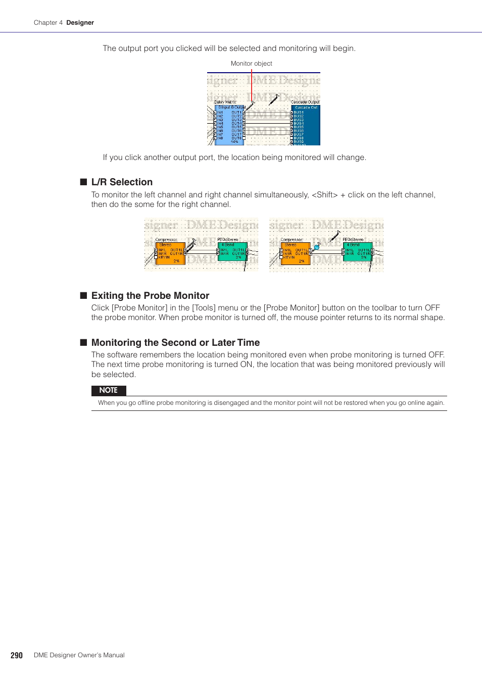 L/r selection, Exiting the probe monitor, Monitoring the second or later time | Yamaha DME User Manual | Page 290 / 501