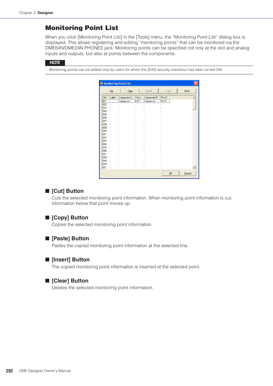 Monitoring point list" in "configuration window, Monitoring point list | Yamaha DME User Manual | Page 292 / 501