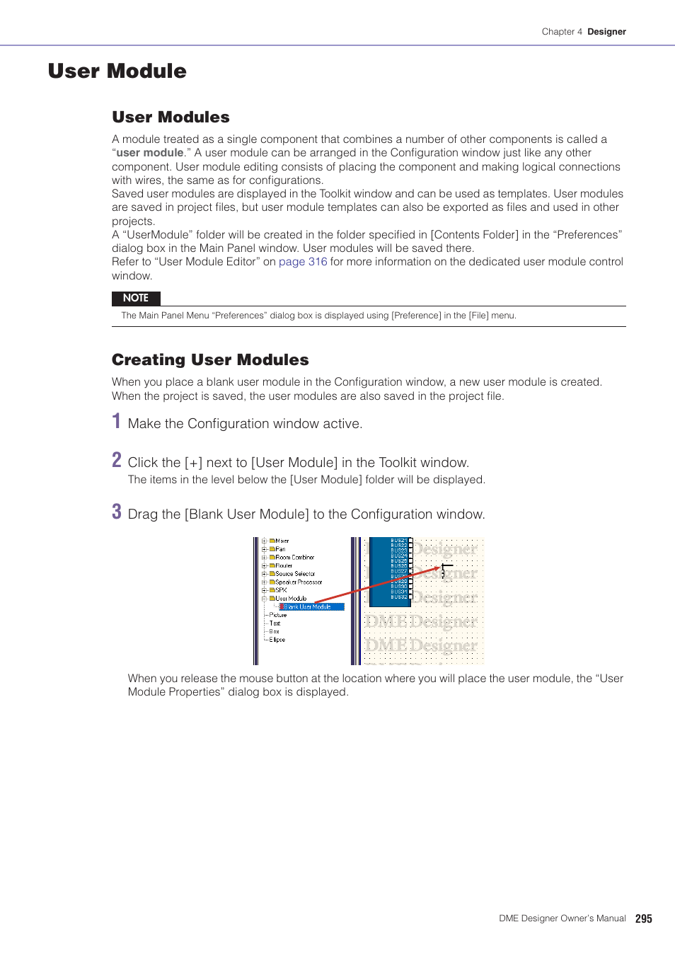 User module, User module” on, User modules | Creating user modules | Yamaha DME User Manual | Page 295 / 501