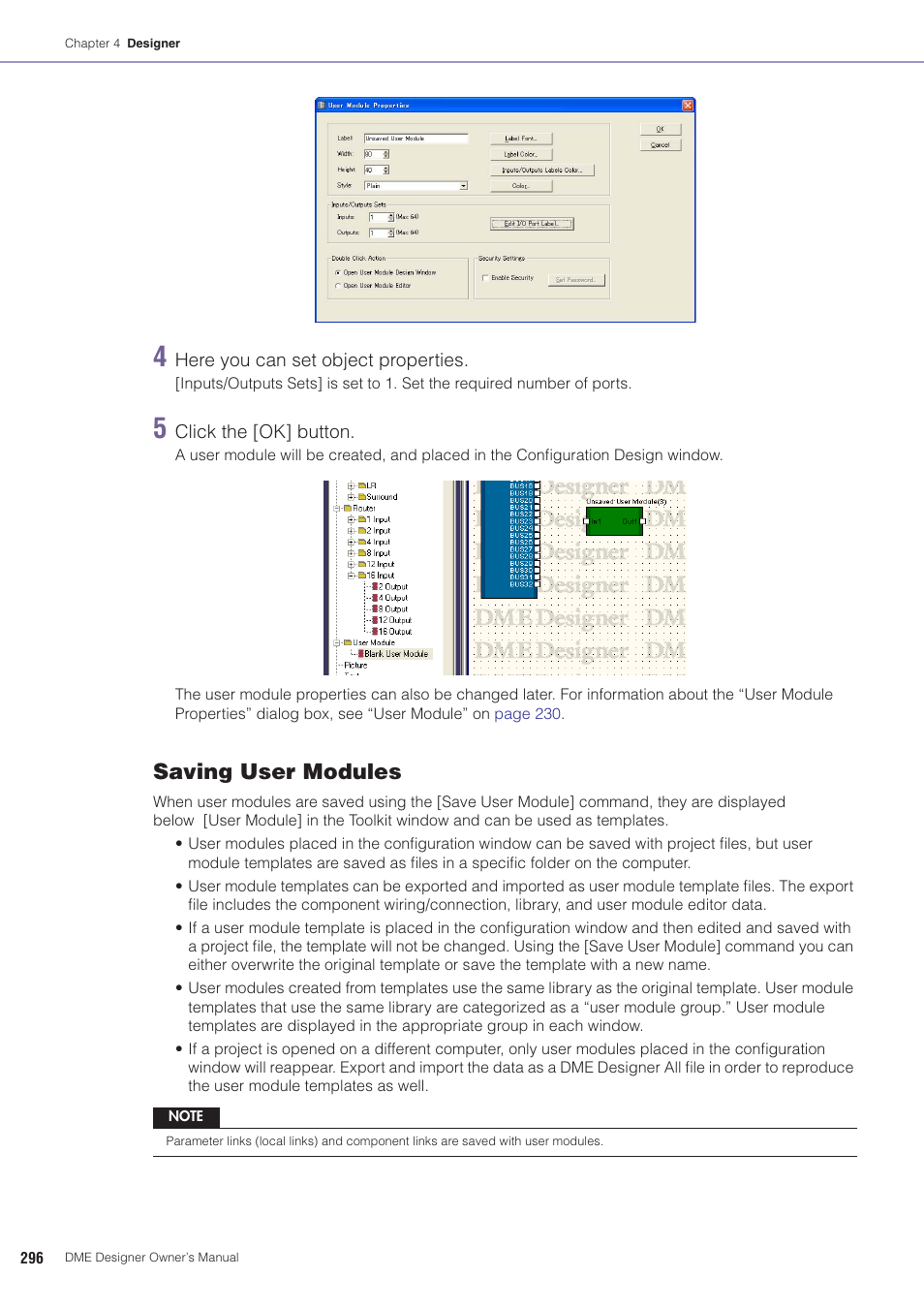 User module manager” dialog box in “user modules, Saving user modules | Yamaha DME User Manual | Page 296 / 501