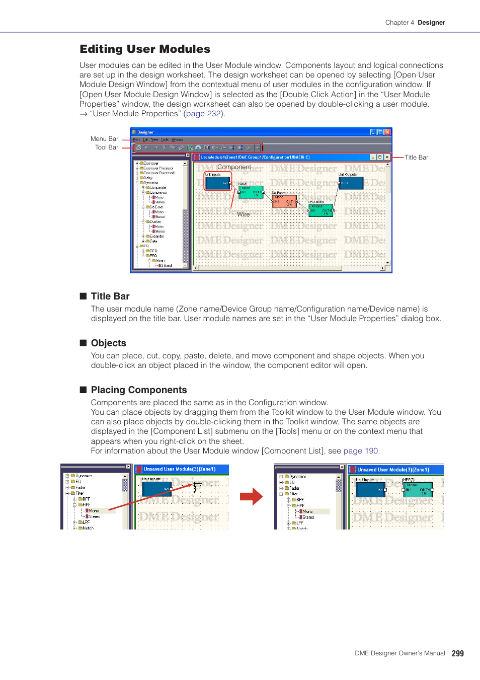 Editing user modules, Title bar, Objects | Placing components | Yamaha DME User Manual | Page 299 / 501