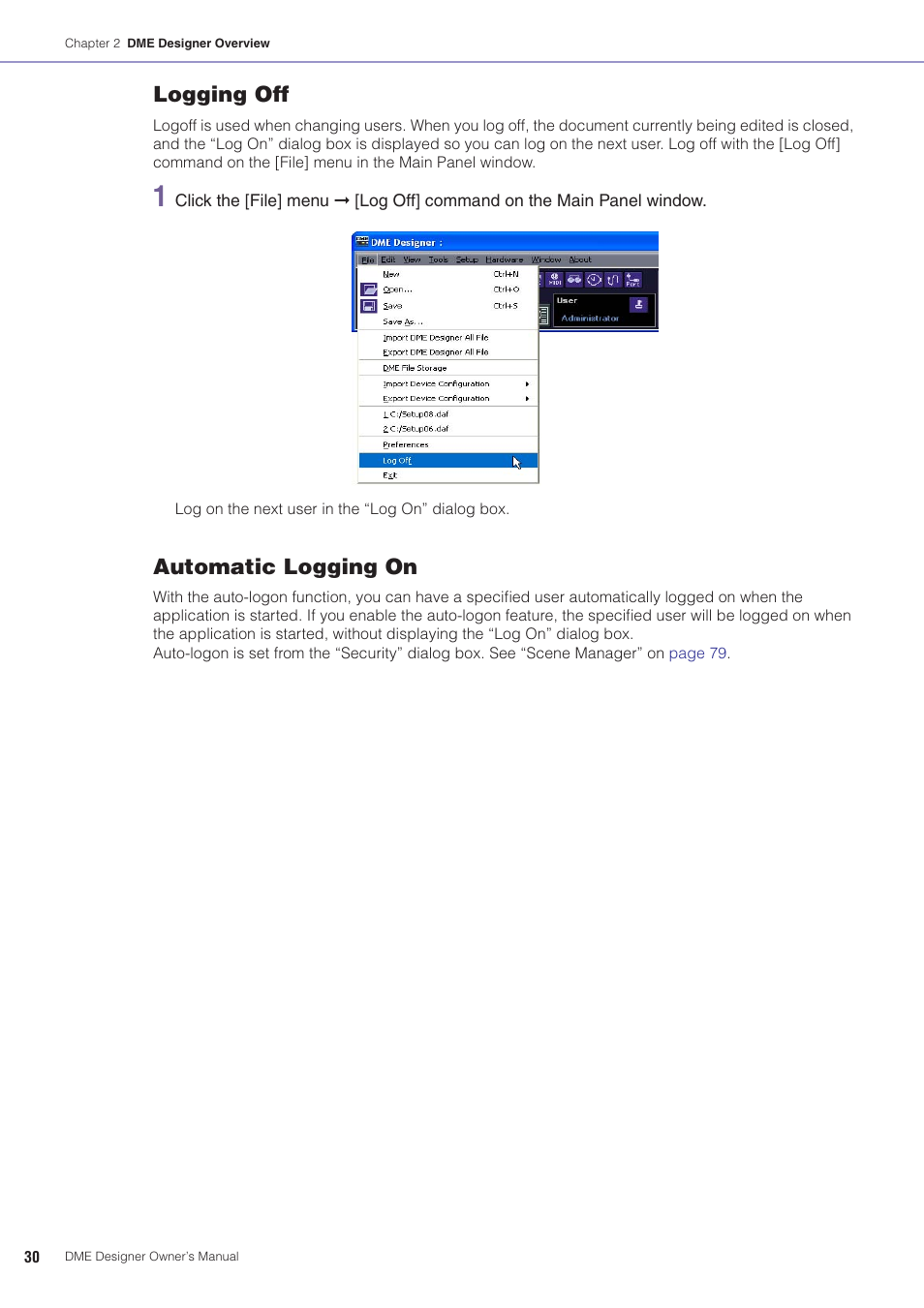 Logging off, Automatic logging on | Yamaha DME User Manual | Page 30 / 501