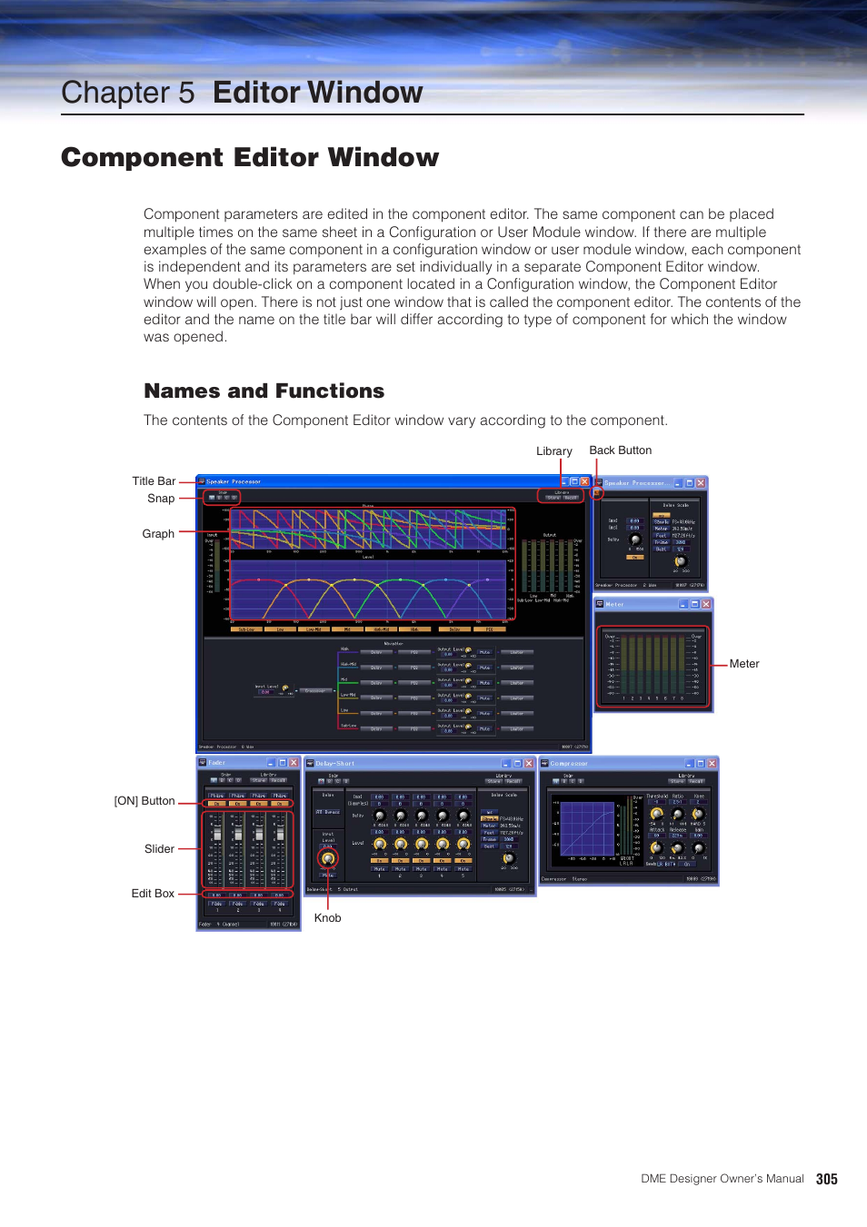 Chapter 5 editor window, Component editor window, Names and functions | Yamaha DME User Manual | Page 305 / 501