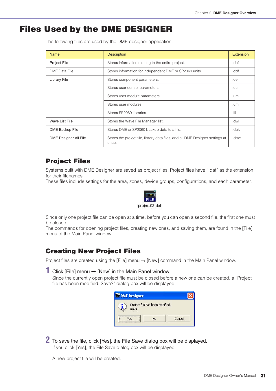 Files used by the dme designer, Project files, Creating new project files | Yamaha DME User Manual | Page 31 / 501