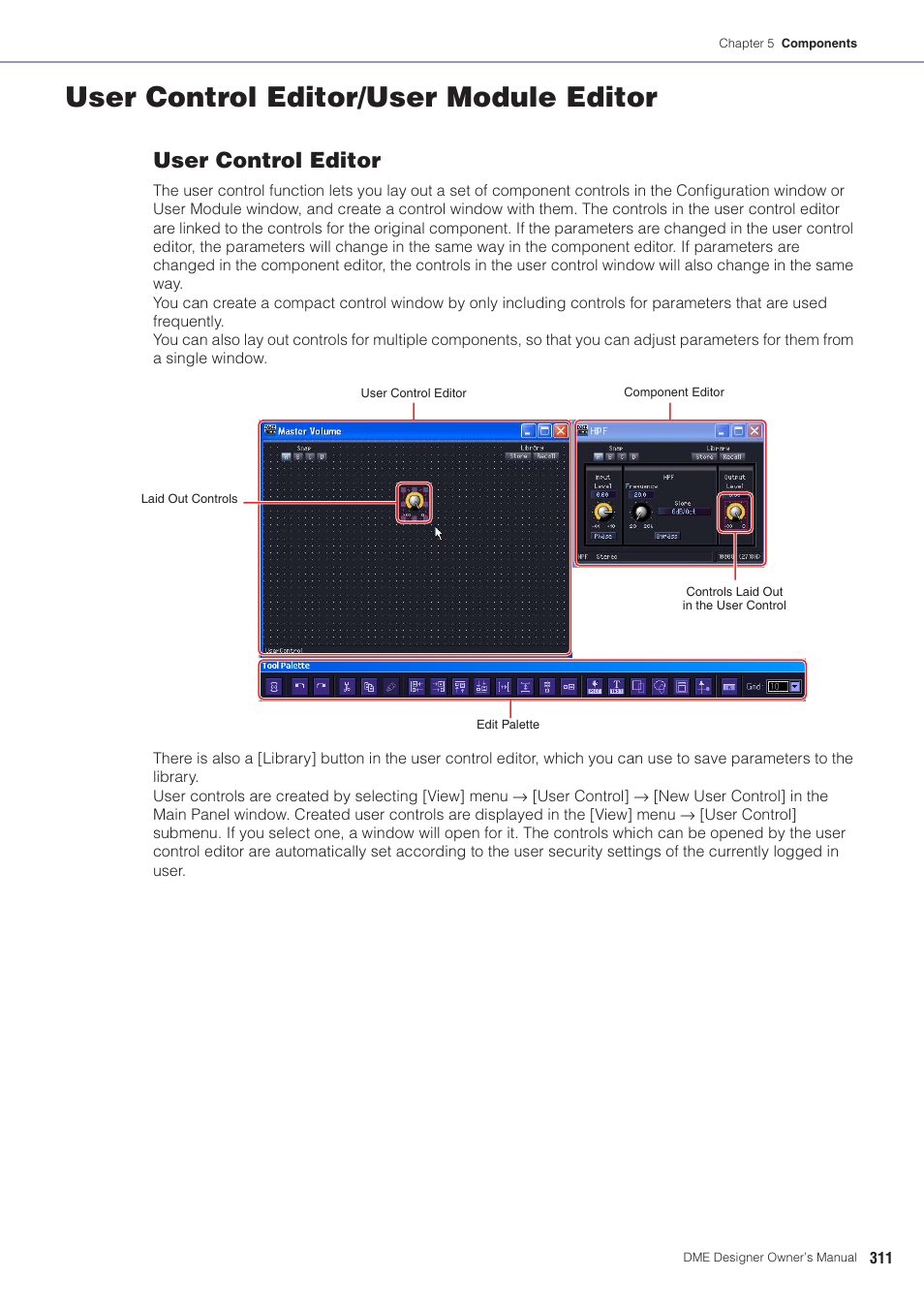 User control editor/user module editor, Ol editor design mode, User control editor | Yamaha DME User Manual | Page 311 / 501