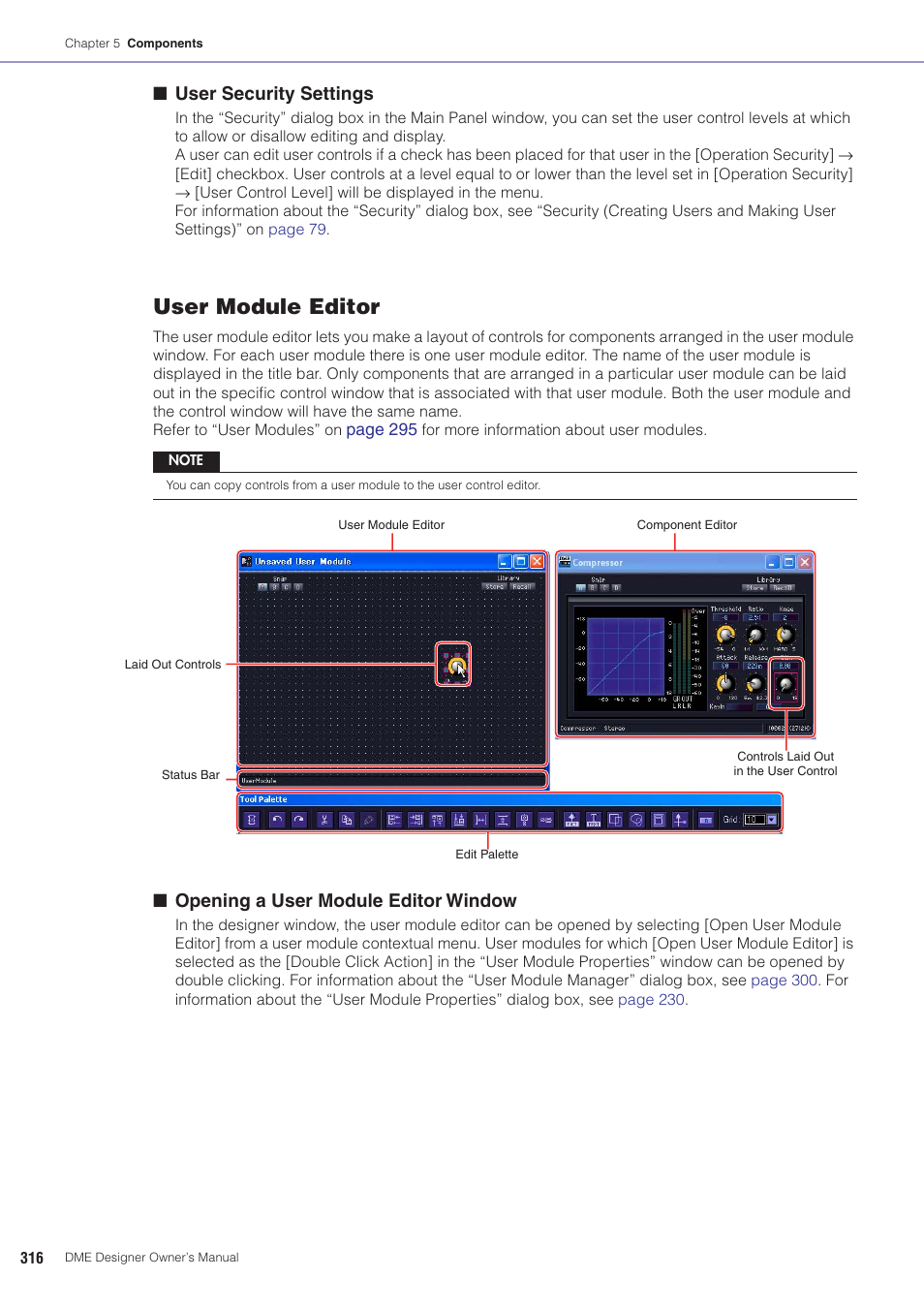 User module editor, User security settings, Opening a user module editor window | Yamaha DME User Manual | Page 316 / 501