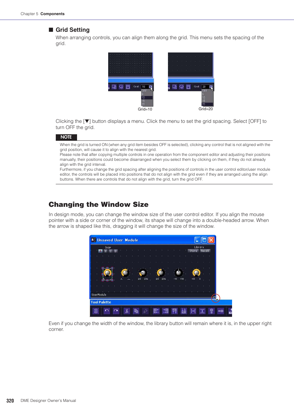 Changing the window size, Grid setting | Yamaha DME User Manual | Page 320 / 501
