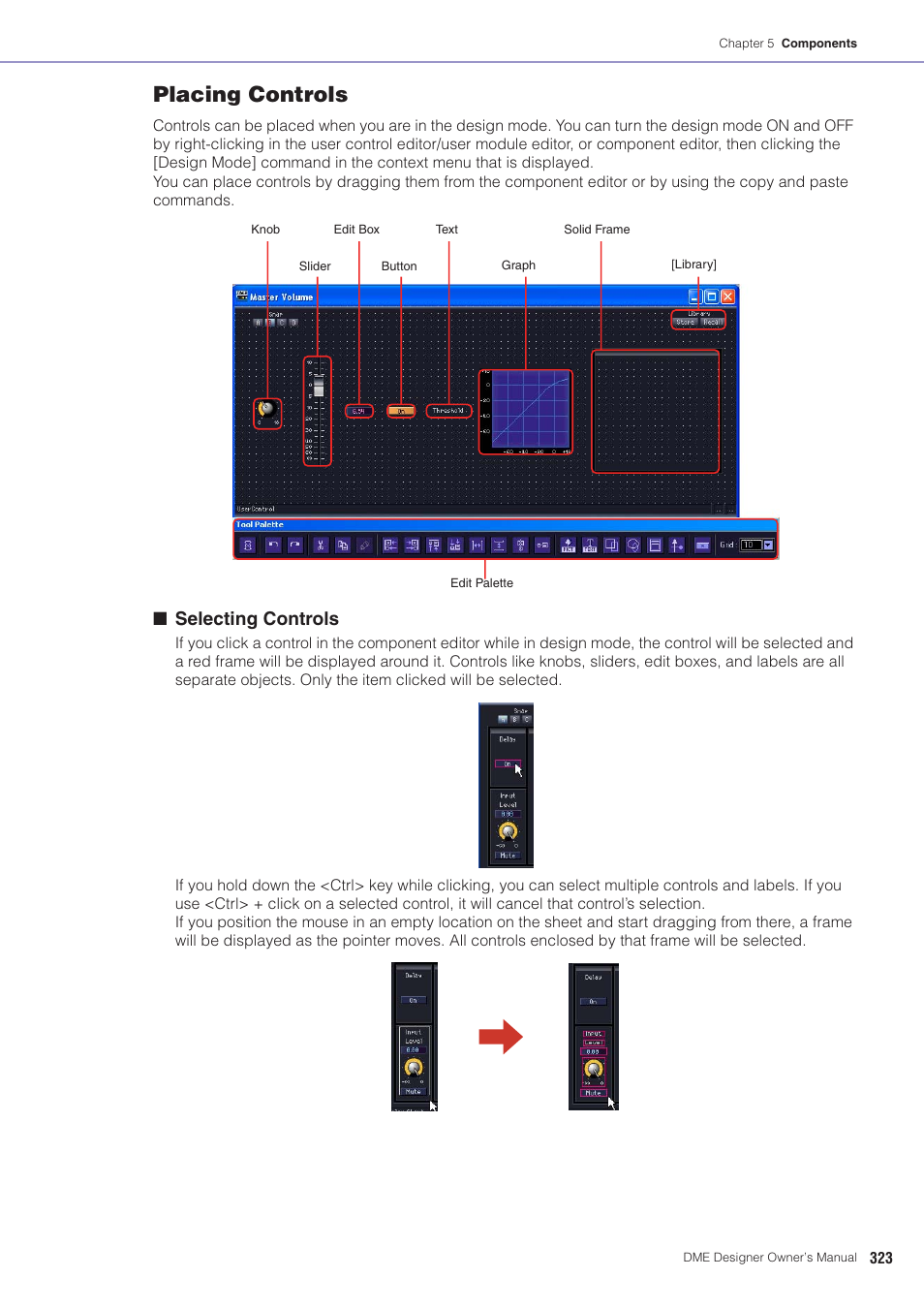 Placing controls, Selecting controls | Yamaha DME User Manual | Page 323 / 501
