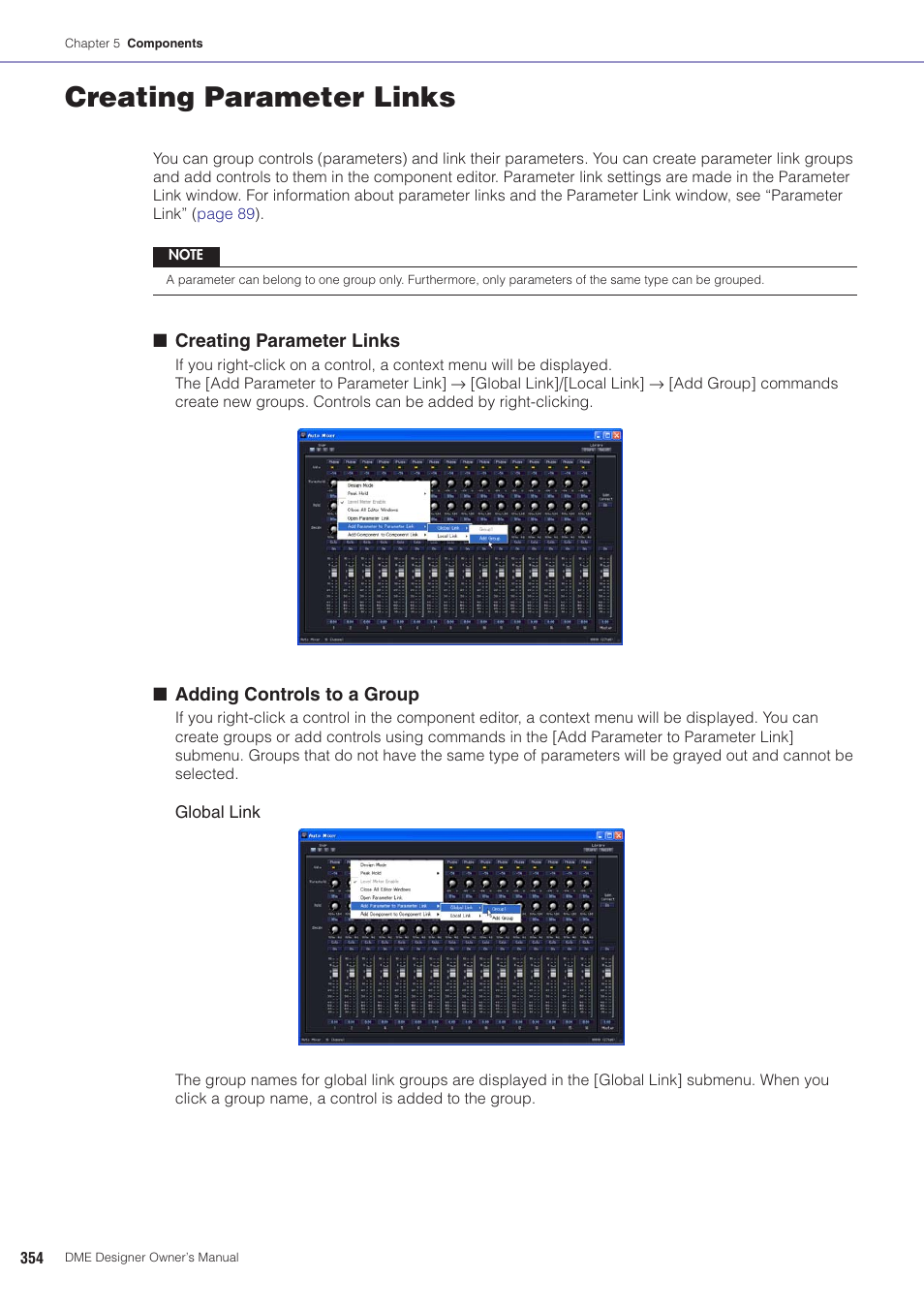 Creating parameter links, Ed for parameter link operation, Eating parameter links | Yamaha DME User Manual | Page 354 / 501