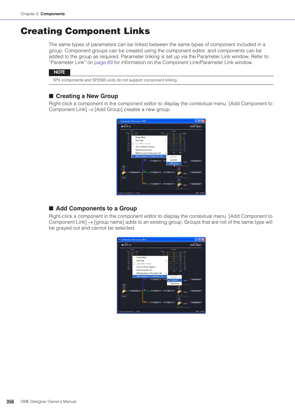 Creating component links, Menu, Eating component links” on | Yamaha DME User Manual | Page 356 / 501