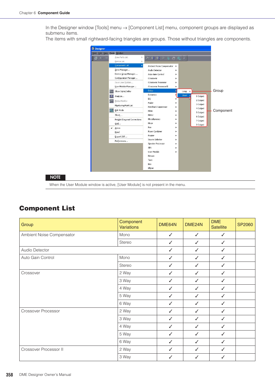 Component list” on, Component list | Yamaha DME User Manual | Page 358 / 501