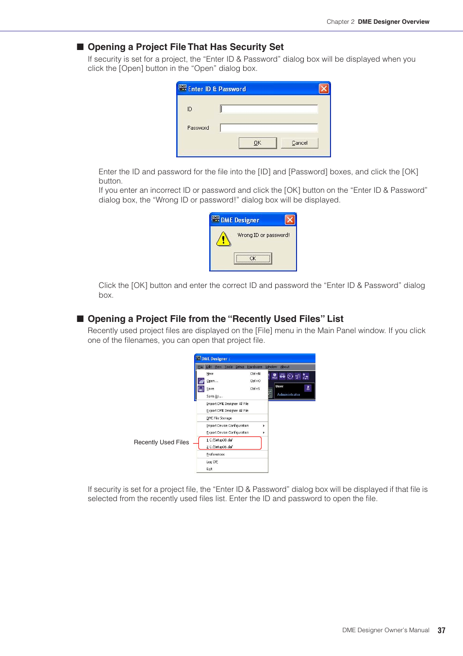 Opening a project file that has security set | Yamaha DME User Manual | Page 37 / 501