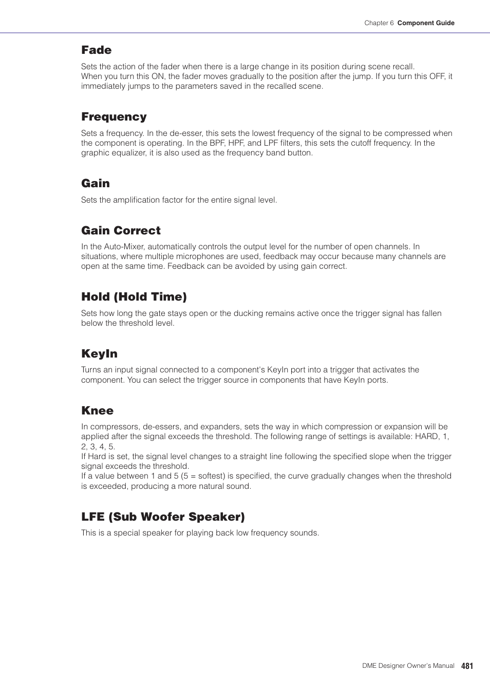 Fade, Frequency, Gain | Gain correct, Hold (hold time), Keyin, Knee, Lfe (sub woofer speaker) | Yamaha DME User Manual | Page 481 / 501