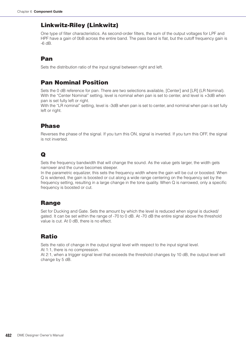 Linkwitz-riley (linkwitz), Pan nominal position, Phase | Range, Ratio | Yamaha DME User Manual | Page 482 / 501