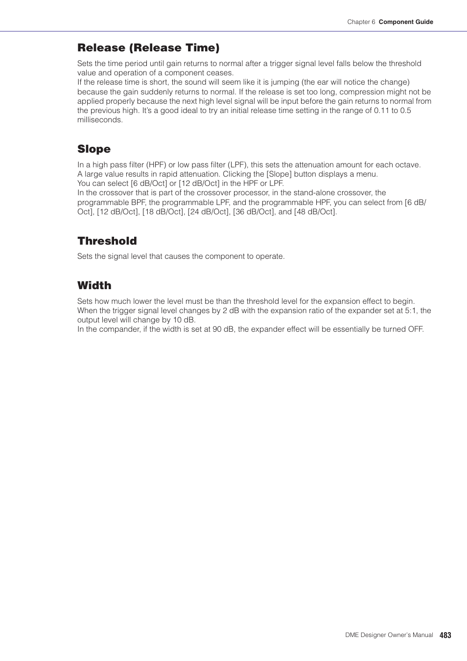 Release (release time), Slope, Threshold | Width | Yamaha DME User Manual | Page 483 / 501