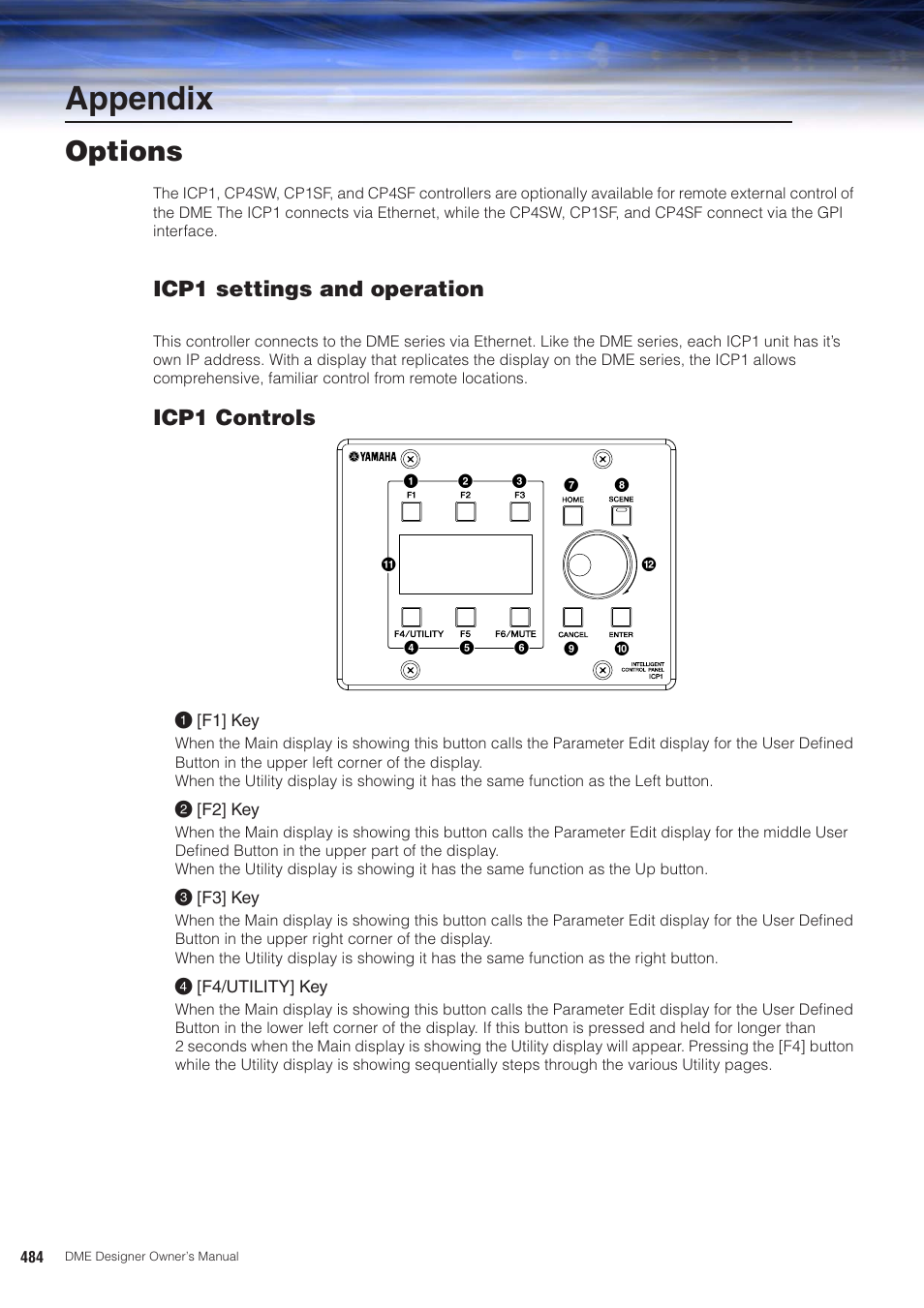 Appendix, Options, Icp1 settings and operation | Icp1 controls | Yamaha DME User Manual | Page 484 / 501