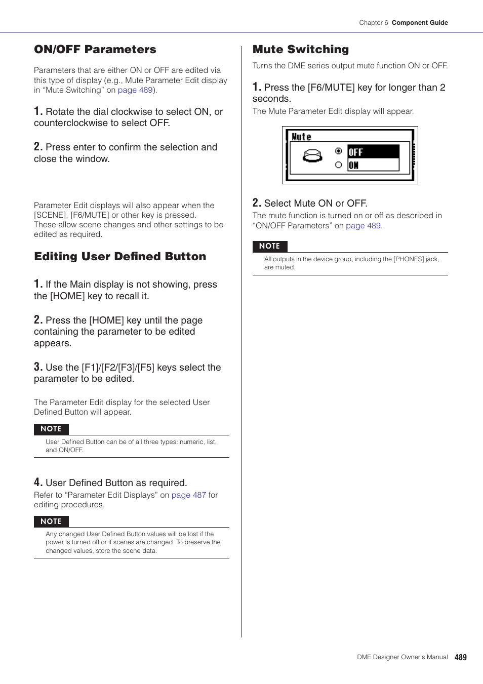 On/off parameters, Editing user defined button 1, Mute switching | Yamaha DME User Manual | Page 489 / 501