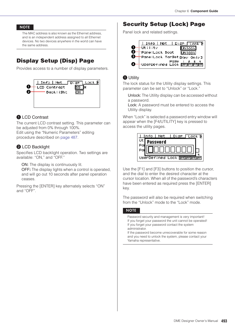 Display setup (disp) page, Security setup (lock) page | Yamaha DME User Manual | Page 493 / 501