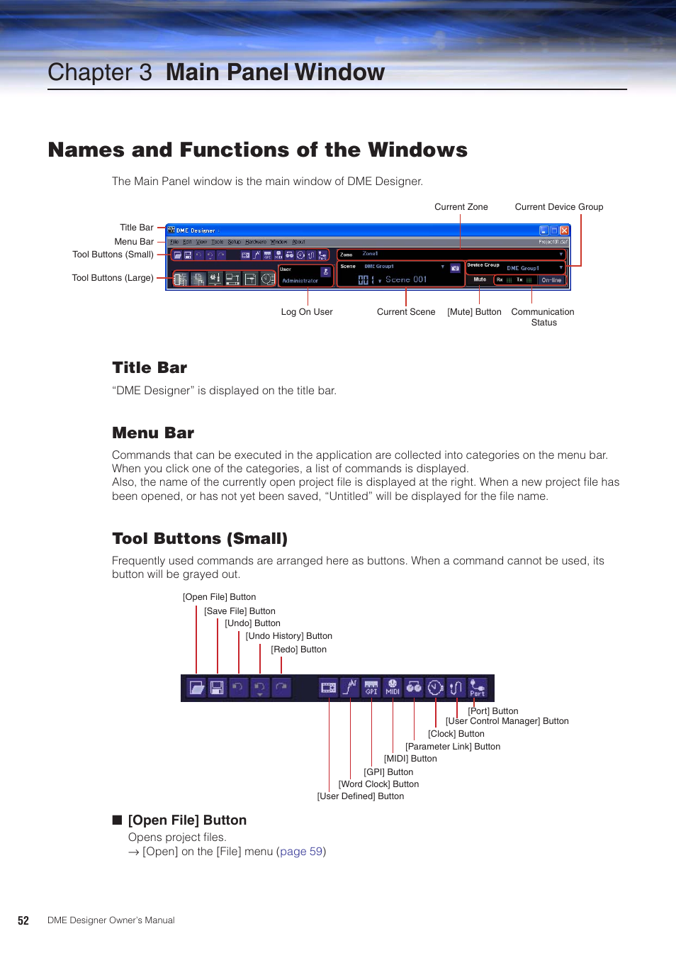 Chapter 3 main panel window, Names and functions of the windows, Title bar | Menu bar, Tool buttons (small), Open file] button | Yamaha DME User Manual | Page 52 / 501