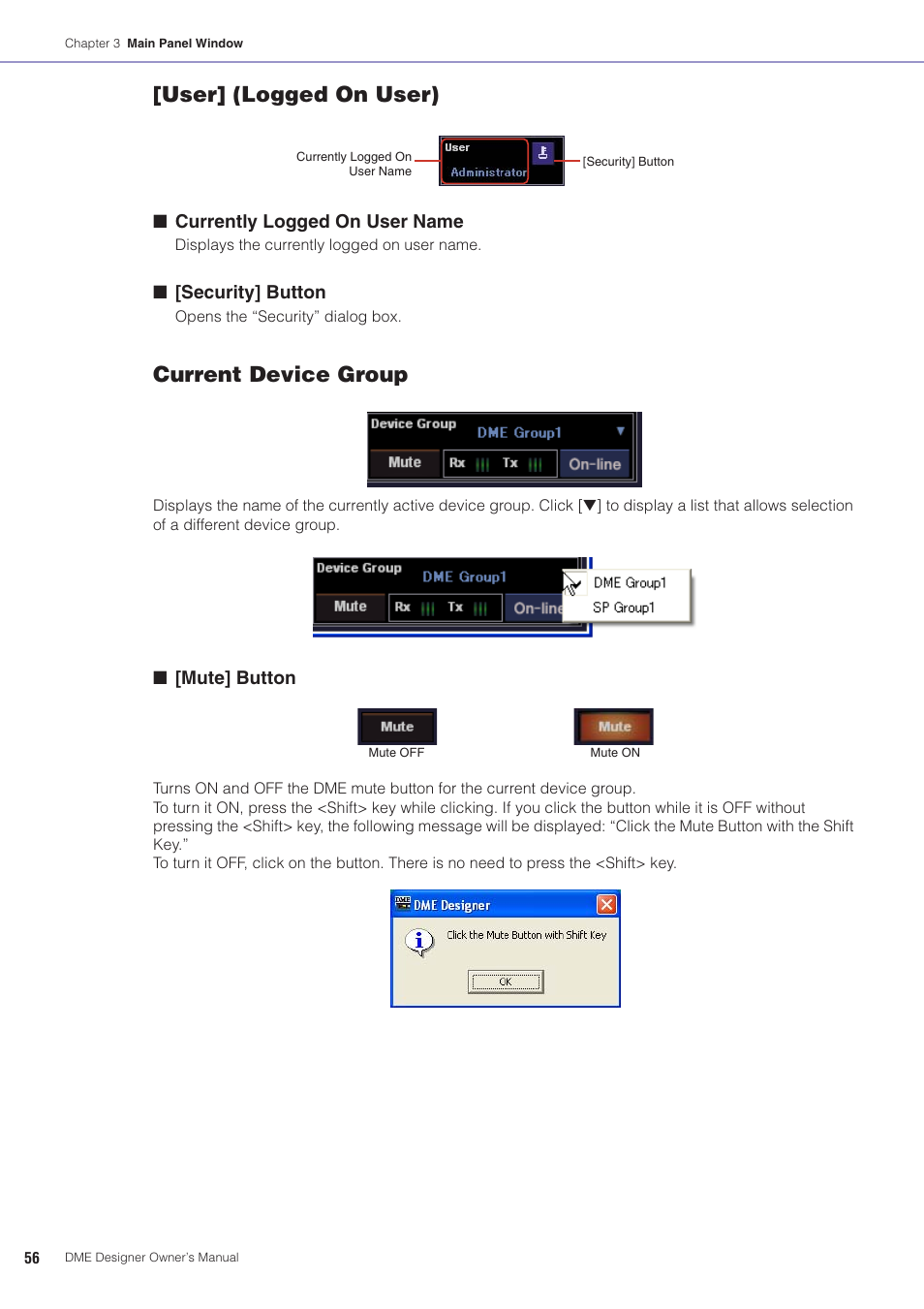 User] (logged on user), Current device group | Yamaha DME User Manual | Page 56 / 501