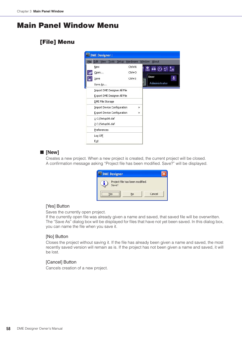 Main panel window menu, File] menu | Yamaha DME User Manual | Page 58 / 501