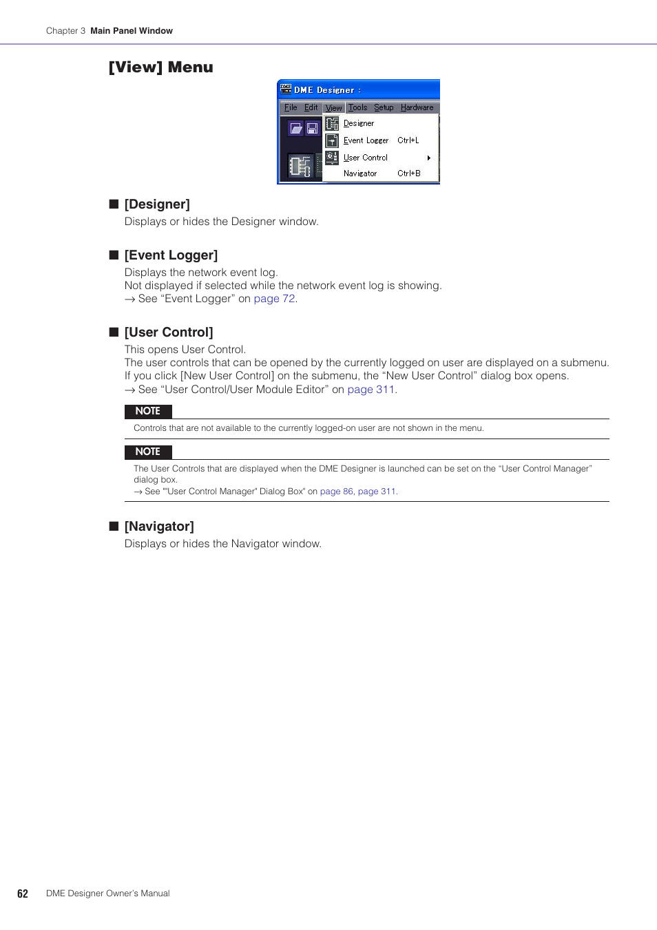 Ol]” on, View] menu, Designer | Event logger, User control, Navigator | Yamaha DME User Manual | Page 62 / 501