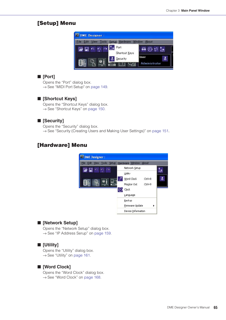 D clock]” on, Setup] menu, Hardware] menu | Yamaha DME User Manual | Page 65 / 501