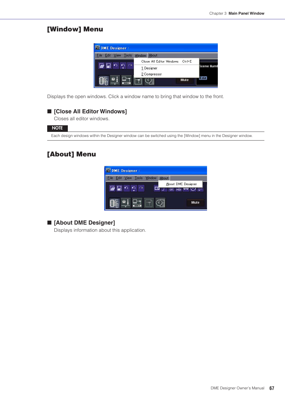 Window] menu, About] menu | Yamaha DME User Manual | Page 67 / 501