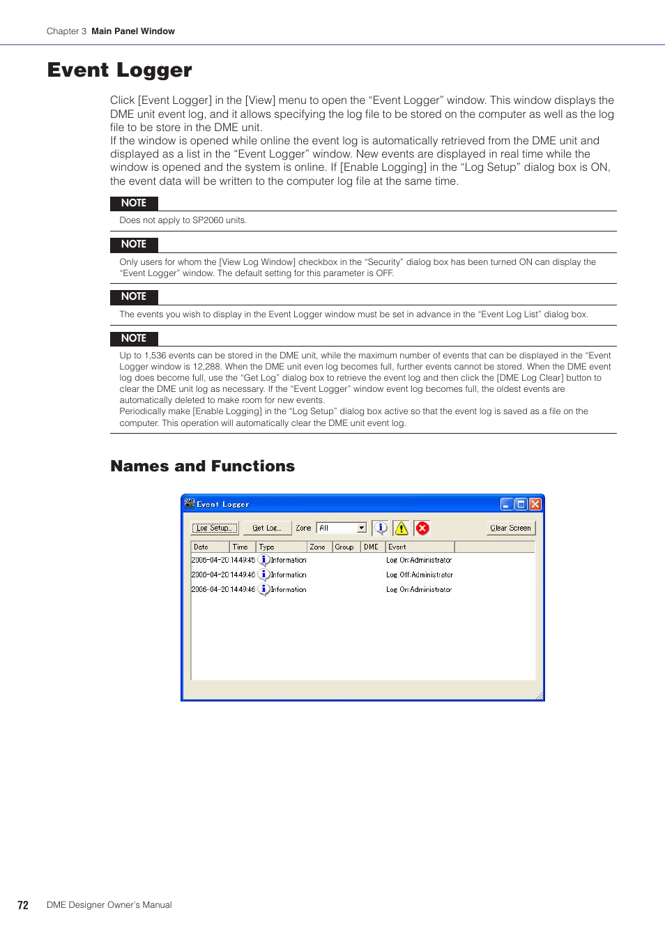 Event logger, See “event logger” window on, Names and functions | Yamaha DME User Manual | Page 72 / 501
