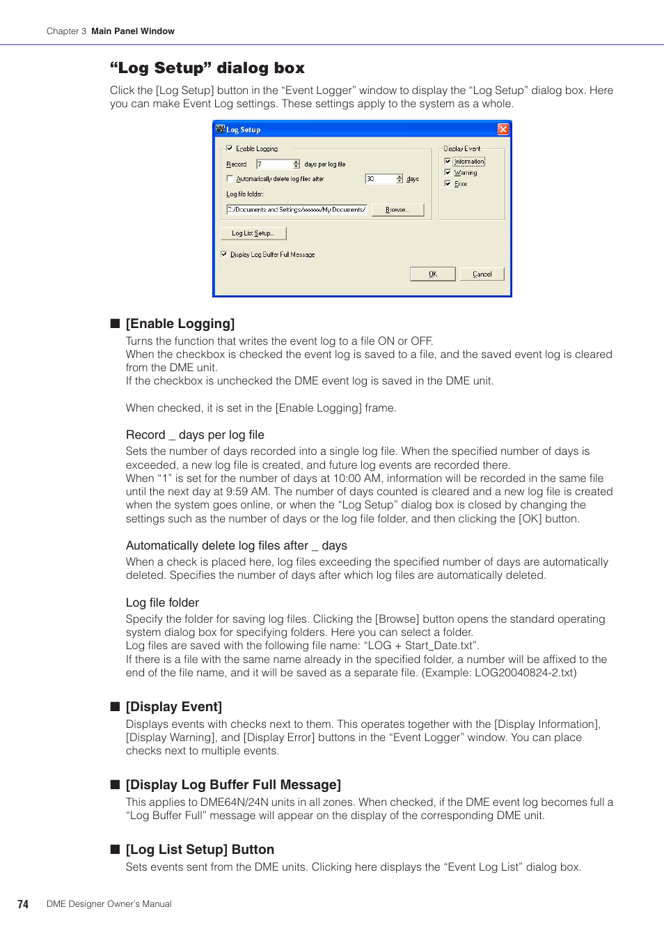 Log setup” dialog box | Yamaha DME User Manual | Page 74 / 501