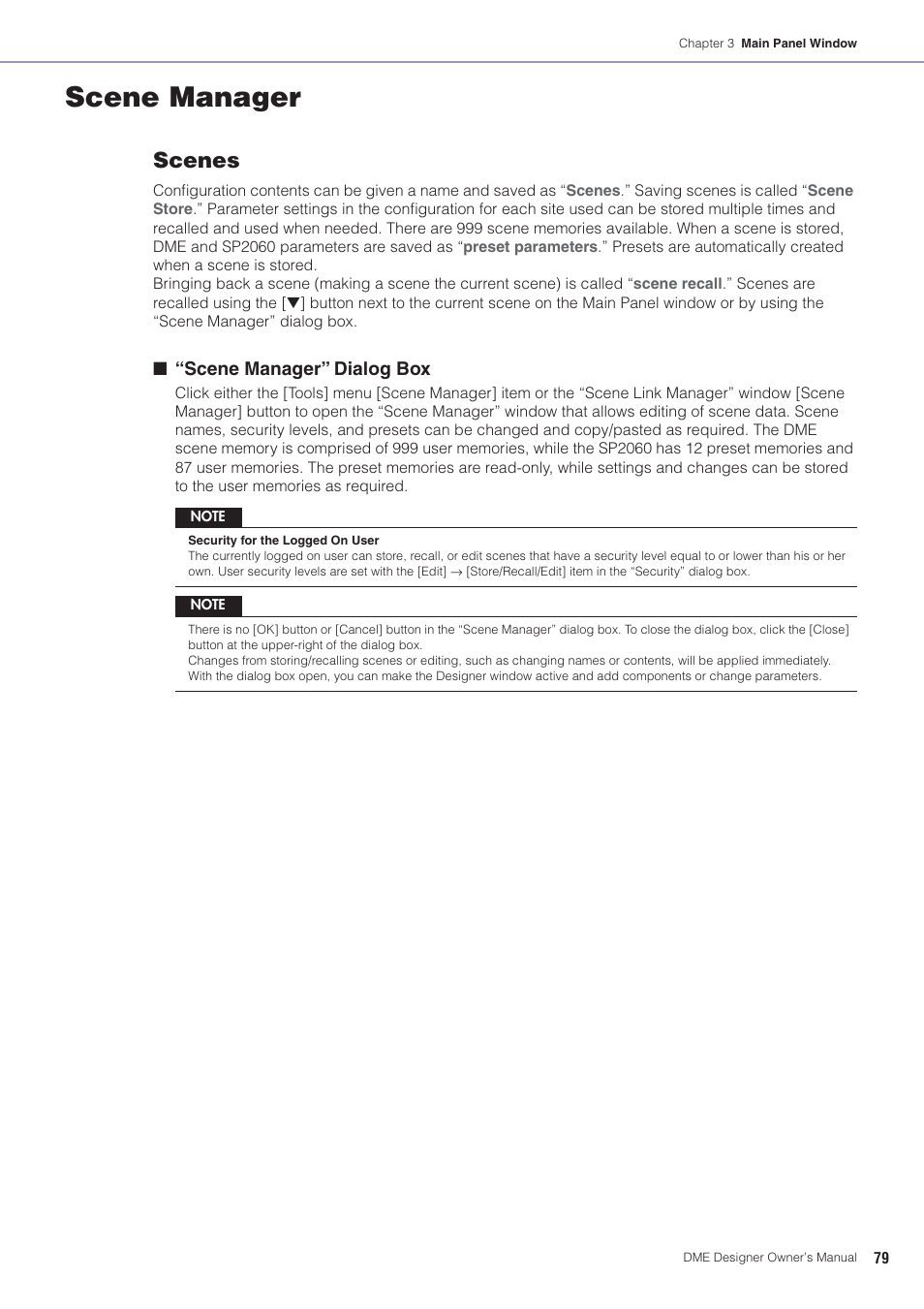 Scene manager, See “scene manager” on, Refer to “scene manager” on | Scenes | Yamaha DME User Manual | Page 79 / 501