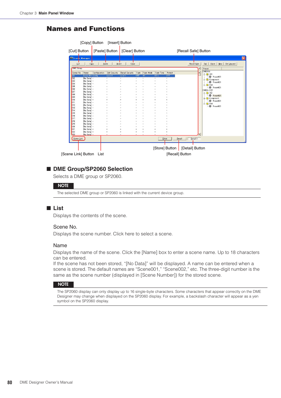 Names and functions, Dme group/sp2060 selection, List | Yamaha DME User Manual | Page 80 / 501