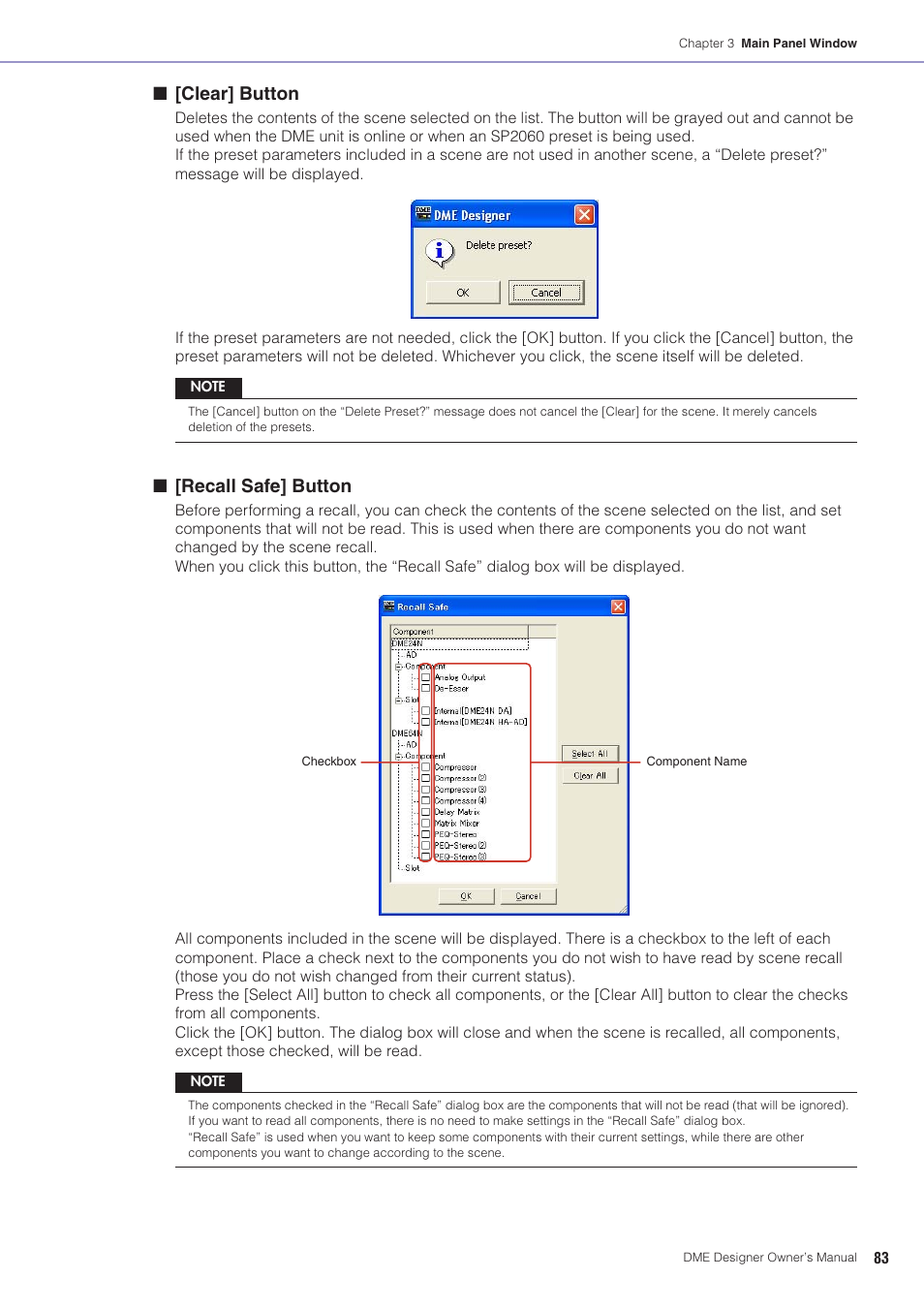 Clear] button, Recall safe] button | Yamaha DME User Manual | Page 83 / 501