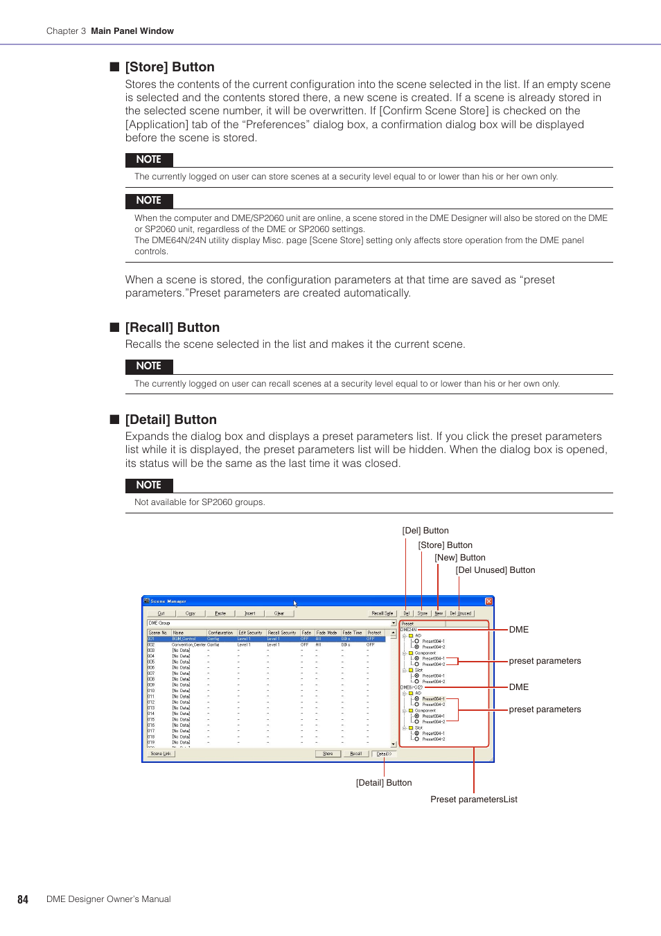 Store] button, Recall] button, Detail] button | Yamaha DME User Manual | Page 84 / 501