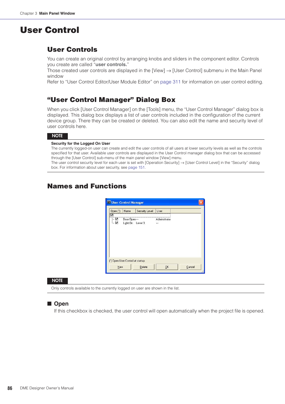 User control, Ol” on, User controls | User control manager” dialog box, Names and functions | Yamaha DME User Manual | Page 86 / 501