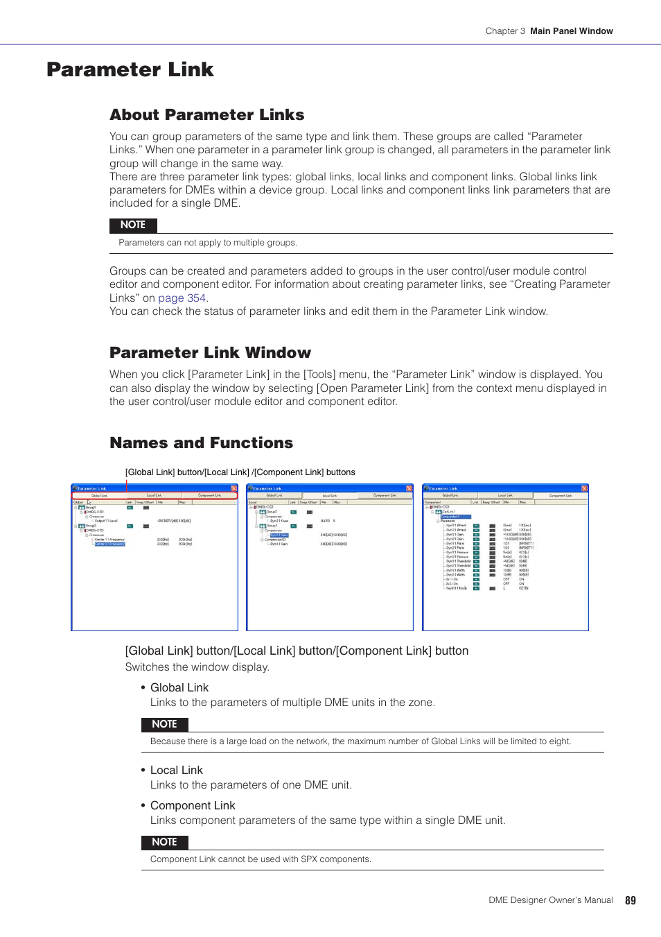 Parameter link, See “parameter link” on, About parameter links | Parameter link window, Names and functions | Yamaha DME User Manual | Page 89 / 501