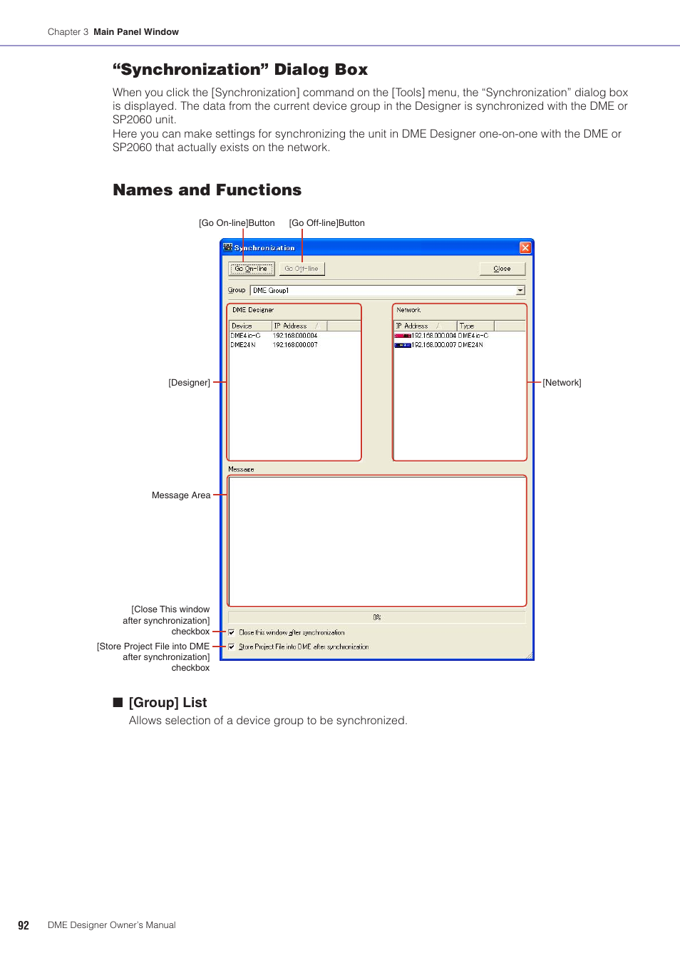 Synchronization” dialog box, Names and functions, Group] list | Yamaha DME User Manual | Page 92 / 501