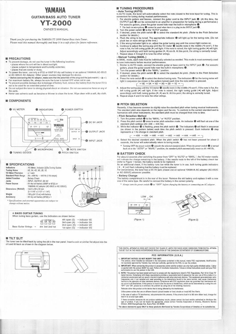 Guitar/bass auto tuner, Yt-2000, Yamaha | Yamaha YT-2000 User Manual | Page 2 / 4