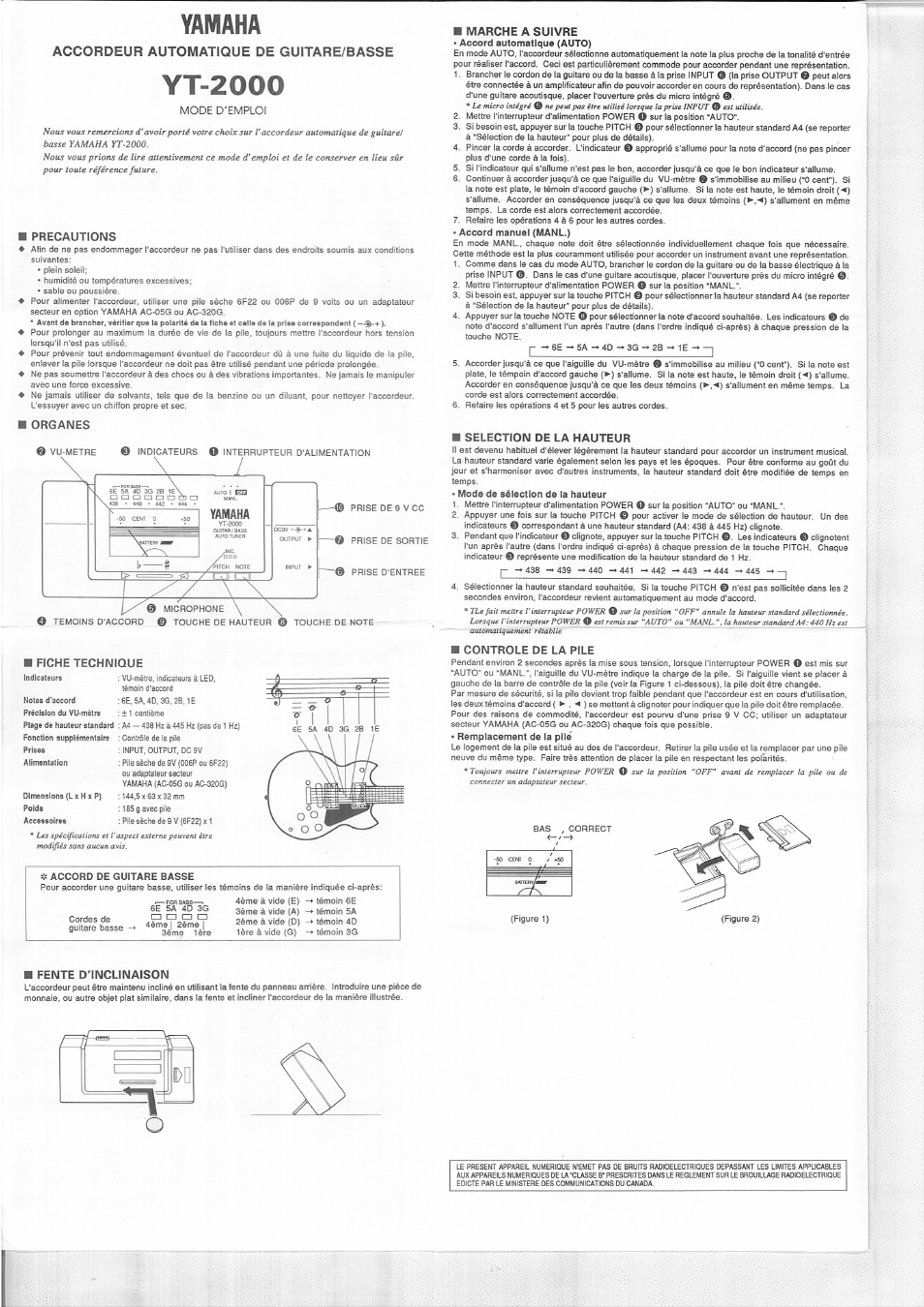 Accordeur automatique de guitare/basse, Precautions, Organes | Fiche technique, Accord de guitare basse, Marche a suivre, Selection de la hauteur, Controle de la pile, Fente d'inclinaison, Yt-2000 | Yamaha YT-2000 User Manual | Page 3 / 4