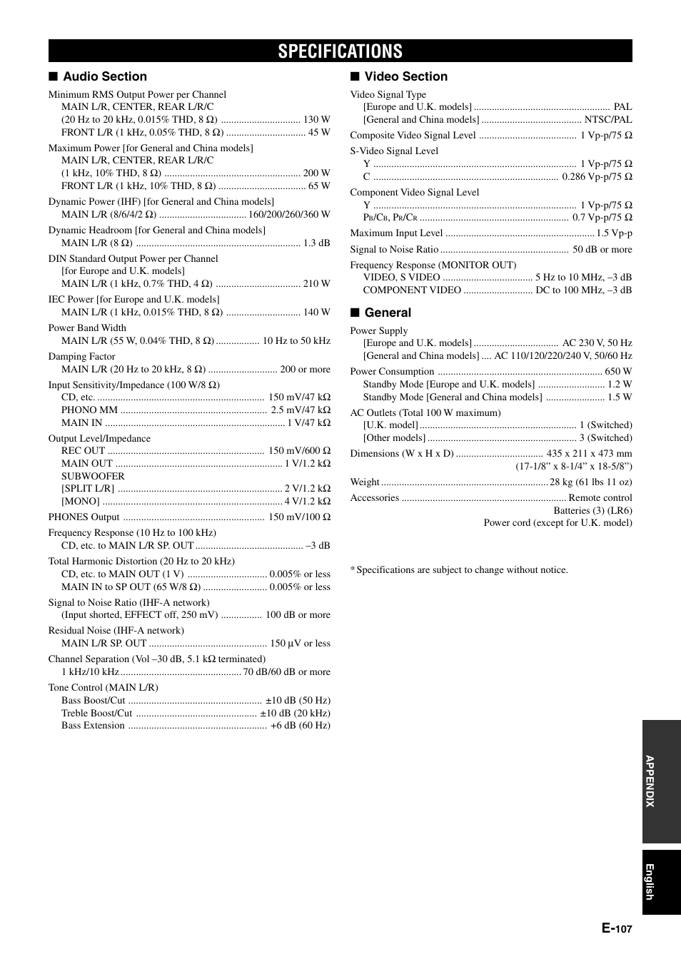 Specifications | Yamaha DSP-AZ1 User Manual | Page 109 / 110