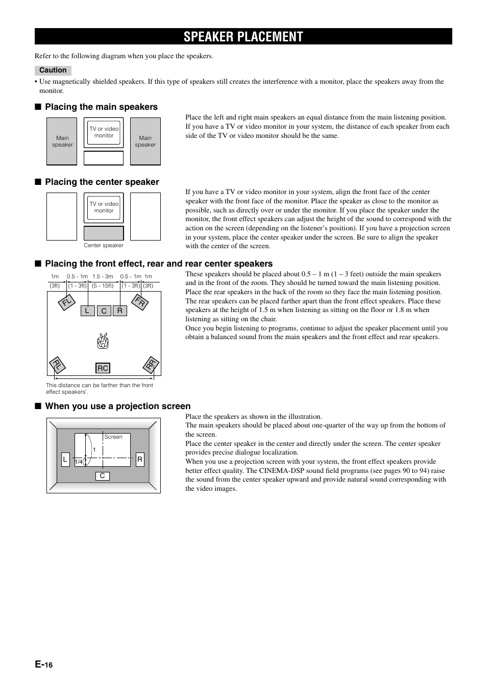 Speaker placement, Placing the main speakers, Placing the center speaker | When you use a projection screen | Yamaha DSP-AZ1 User Manual | Page 18 / 110