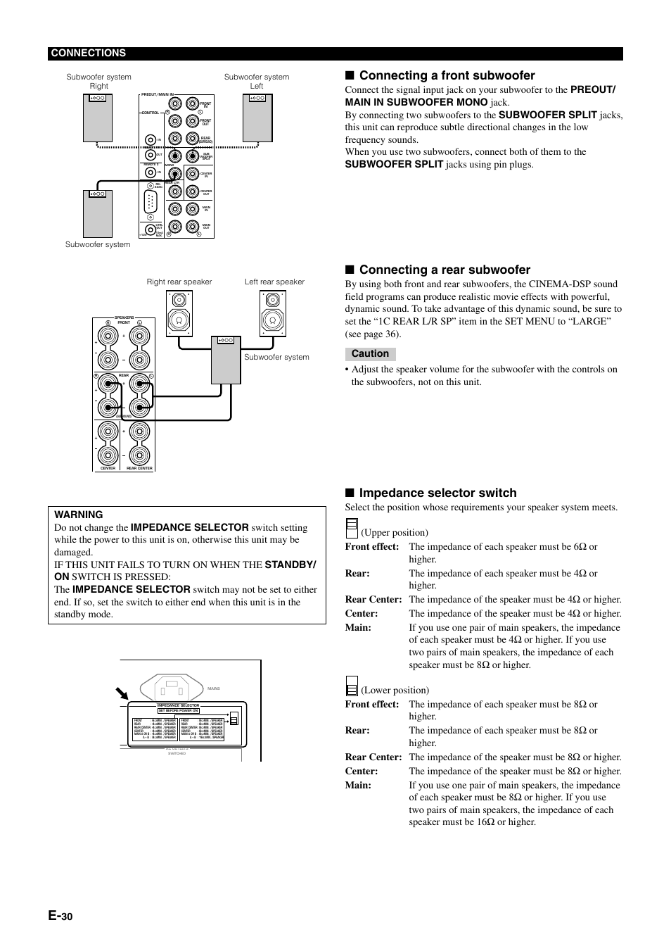 Connecting a front subwoofer, Impedance selector switch, Connecting a rear subwoofer | 30 connections | Yamaha DSP-AZ1 User Manual | Page 32 / 110