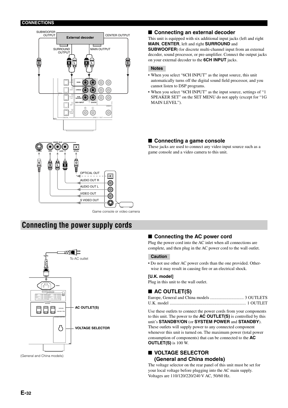 Connecting the power supply cords, Connecting an external decoder, Connecting a game console | Connecting the ac power cord, Ac outlet(s), Voltage selector (general and china models), 32 connections, External decoder, Game console or video camera, General and china models) | Yamaha DSP-AZ1 User Manual | Page 34 / 110