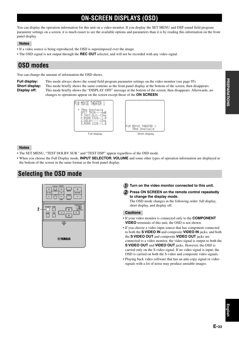 On-screen displays (osd), Osd modes, Selecting the osd mode | P10 movie theater 1 | Yamaha DSP-AZ1 User Manual | Page 35 / 110