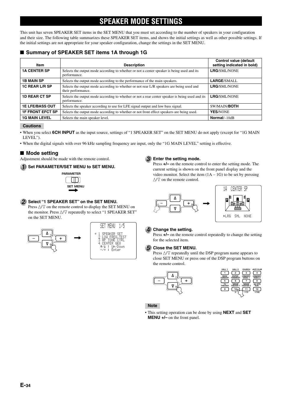 Speaker mode settings, Set menu 1/5 3 3, 1a center sp | Summary of speaker set items 1a through 1g, Mode setting | Yamaha DSP-AZ1 User Manual | Page 36 / 110